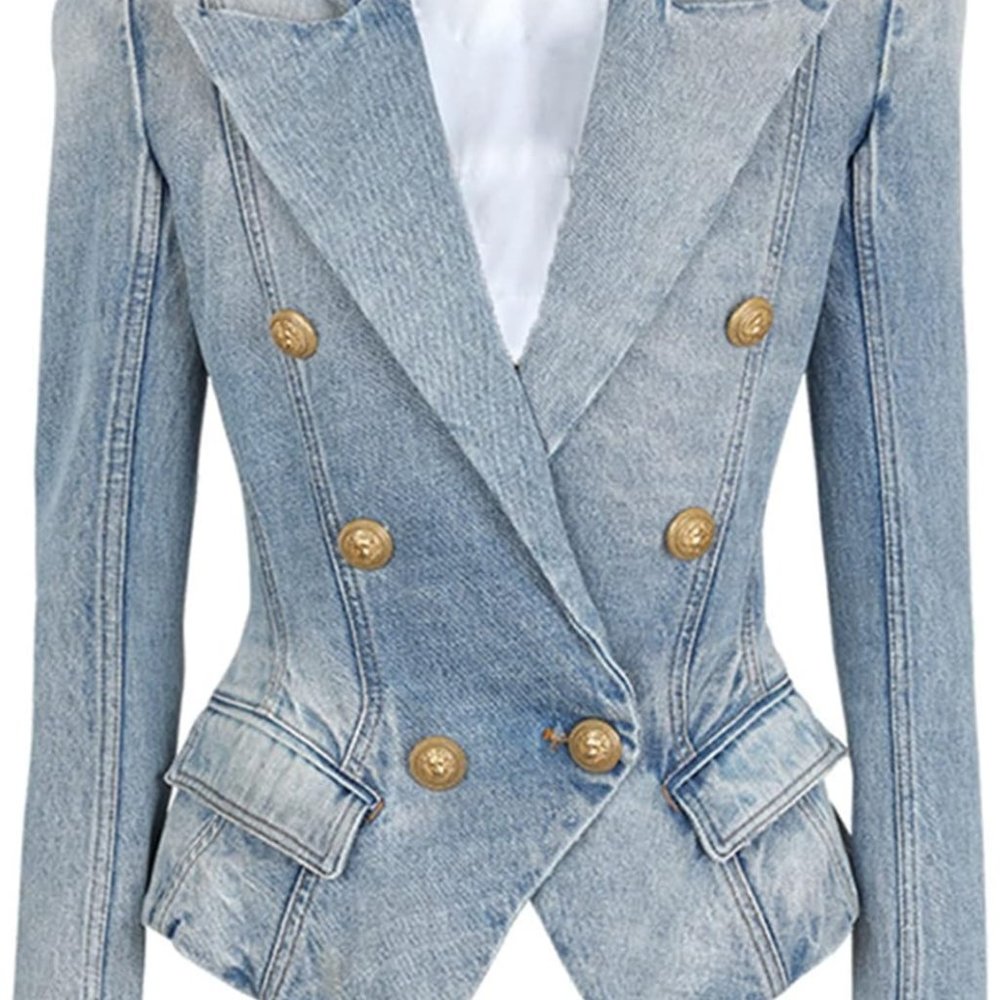 New! Slim-fit faded denim jean tailored jacket blazer with gold buttons